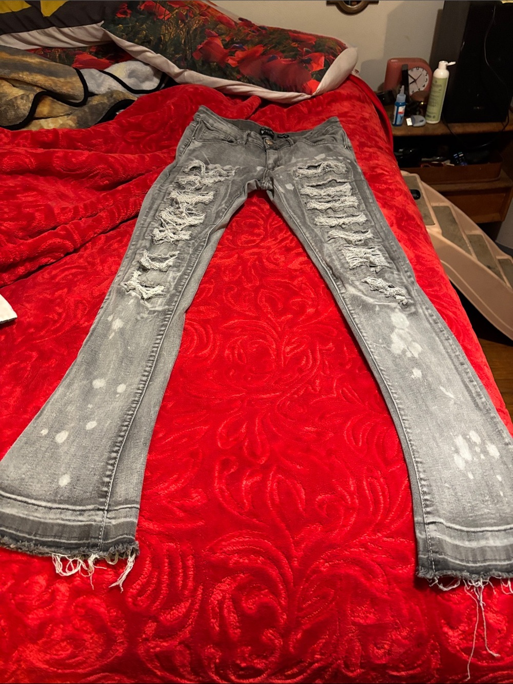 Distressed Gray Flare Jeans with Washed Finish